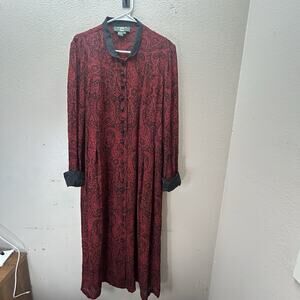 Orvis Red Black Paisley 100% Silk Maxi Shirt Dress Whimsigoth Witchy 90s Sz 16
